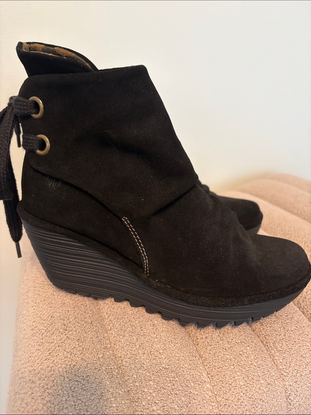 NWOT Fly London Yebi Black Suede Wedge Ankle Boots size 37EU, 6.5-7US
